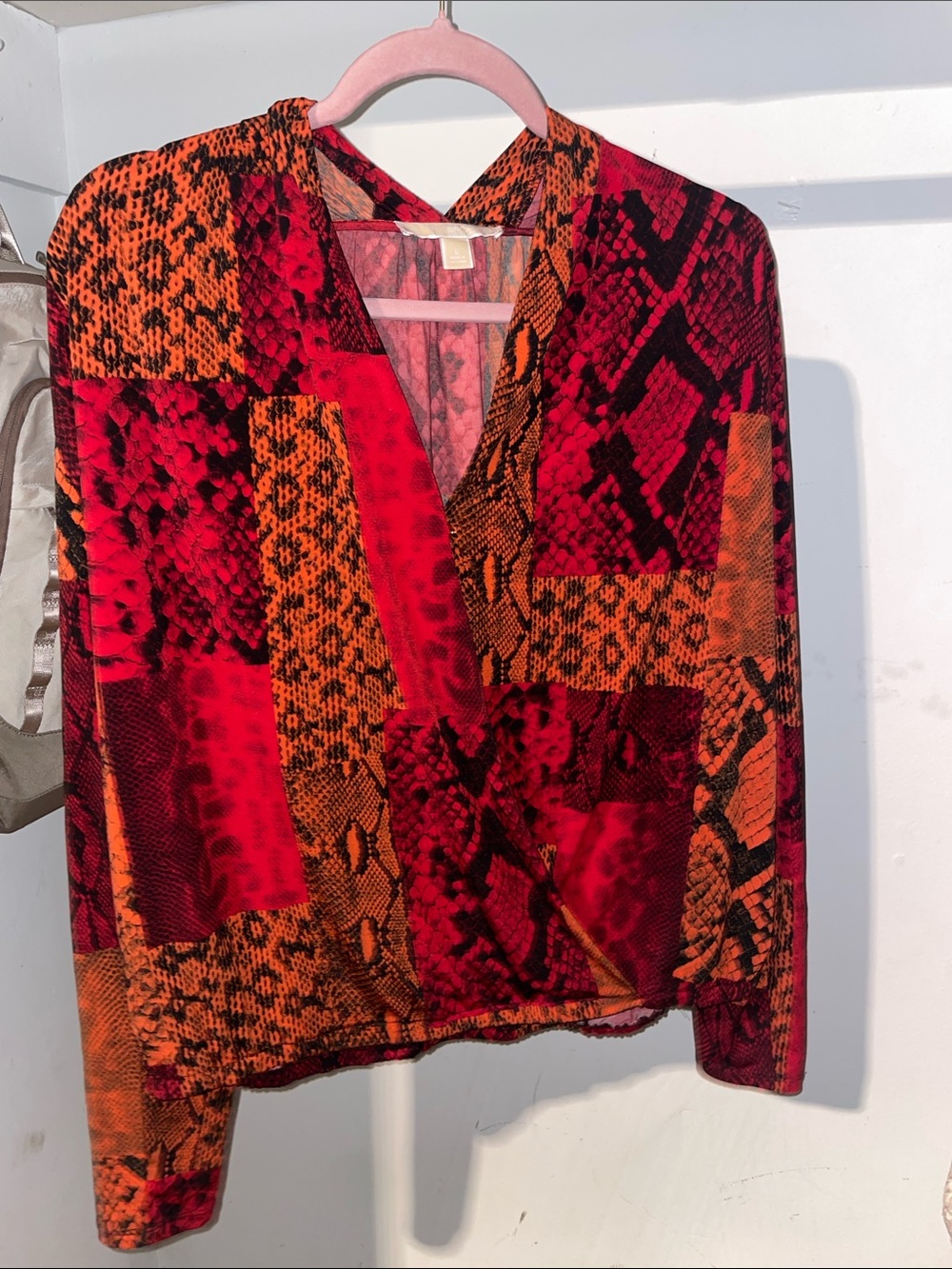 Michael Kors Red & Orange Patchwork Snake-Print V-Neck Top